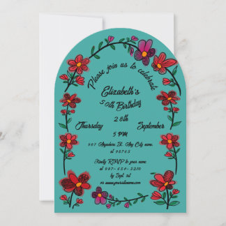 Green 50th Birthday Party Whimsical Doodle Flowers Einladung