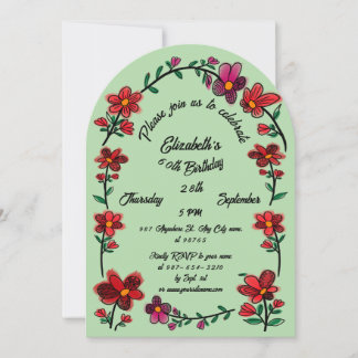 Green 60th Birthday Party Whimsical Doodle Flowers Einladung