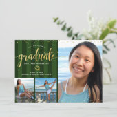 Green Abschluss 3 Foto Gold Glitzer Drehbuch Chic Einladung (Stehend Vorderseite)