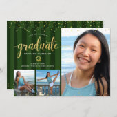 Green Abschluss 3 Foto Gold Glitzer Drehbuch Chic Einladung (Vorne/Hinten)