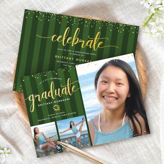 Green Abschluss 3 Foto Gold Glitzer Drehbuch Chic Einladung