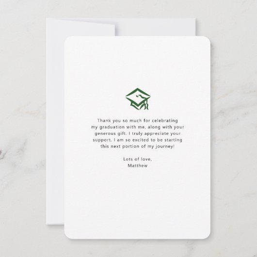 Green Abschluss Foto Bold Arc Script Modern Dankeskarte (Rückseite)