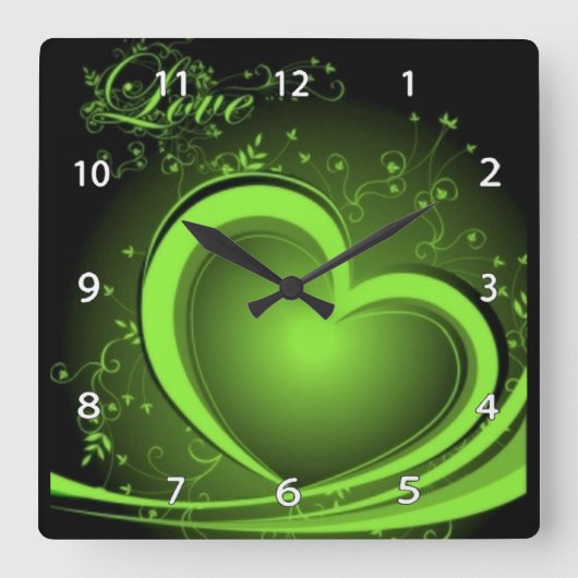 Green Abstract Heart Clock Quadratische Wanduhr (Vorderseite)