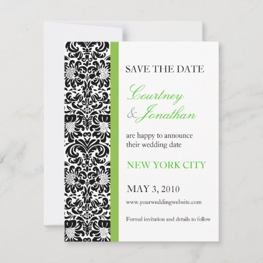 Green Accented Damask Save the Date Einladung (Vorderseite)
