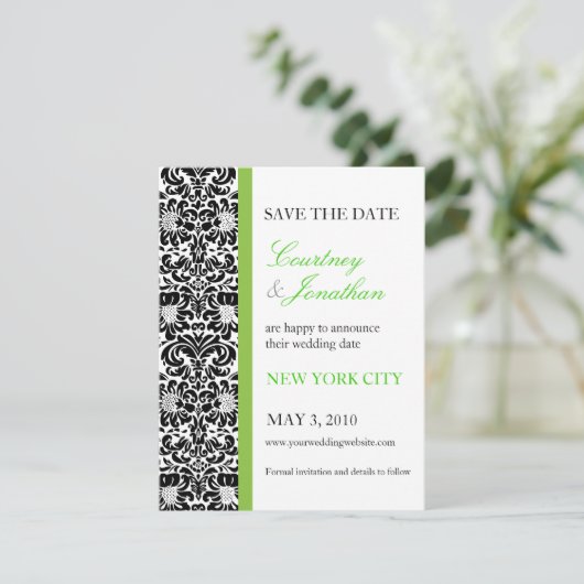 Green Accented Damask Save the Date Einladung (Stehend Vorderseite)