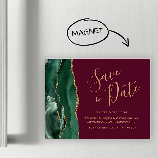 Green Agate Burgundy Magnetic Save the Date Magnetkarte