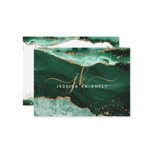Green Agate Geode Gold Glitzer Monogram Script Mitteilungskarte (Vorderseite/Rückseite Beispiel)