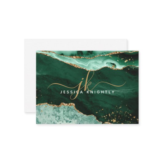 Green Agate Geode Gold Glitzer Script Monogram Mitteilungskarte (Vorderseite/Rückseite Beispiel)