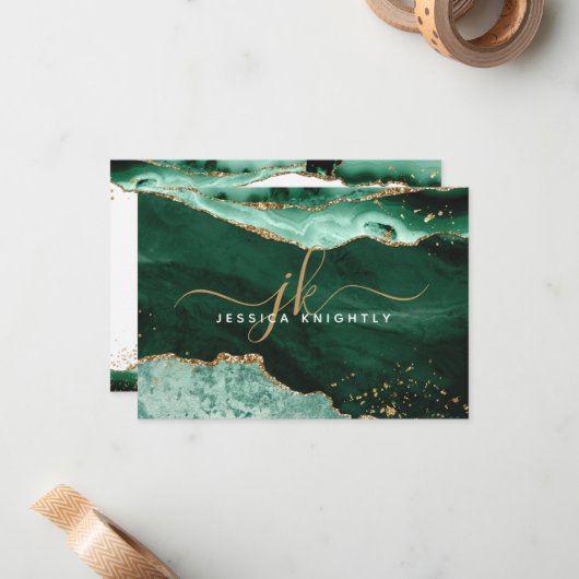Green Agate Geode Gold Glitzer Script Monogram Mitteilungskarte (Vorderseite/Rückseite Beispiel)