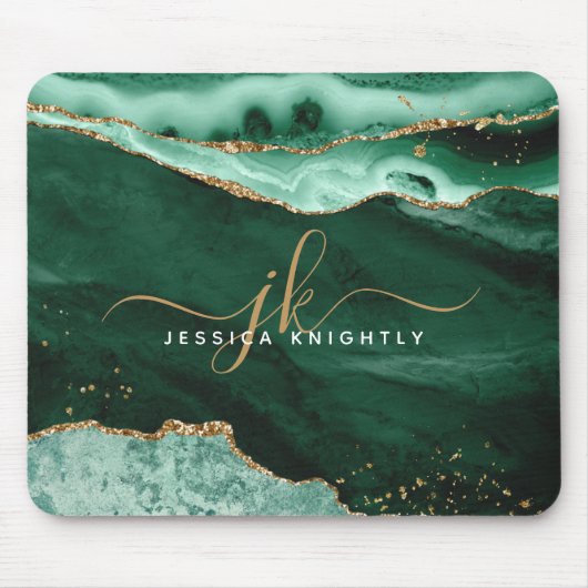 Green Agate Geode Gold Glitzer Script Monogram Mousepad (Vorne)