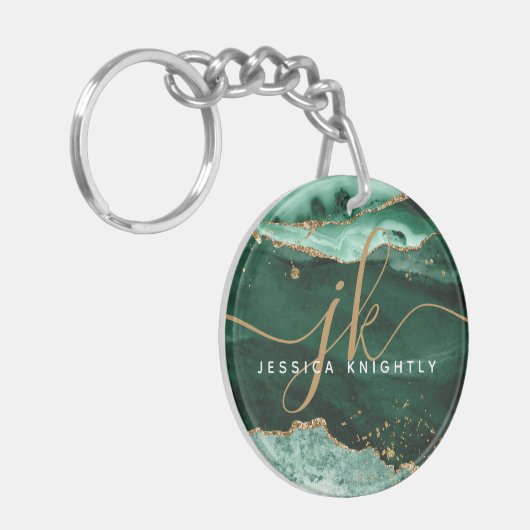 Green Agate Geode Gold Glitzer Script Monogram Schlüsselanhänger (Vorderseite links)