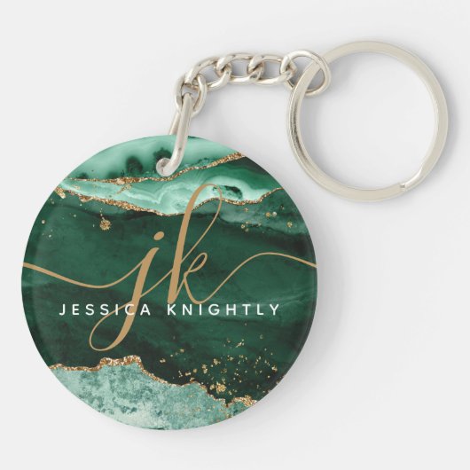 Green Agate Geode Gold Glitzer Script Monogram Schlüsselanhänger (Rückseite)