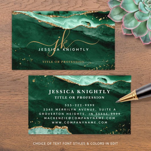 Green Agate Geode Monogram Gold Script Visitenkarte