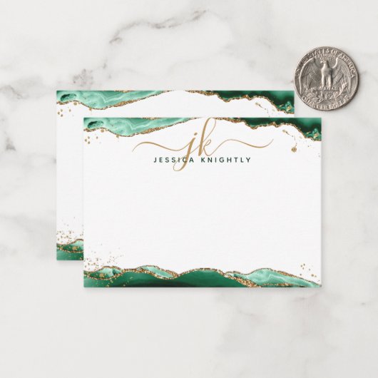 Green Agate Geode Script Monogram Gold Glitzer Mitteilungskarte (Vorderseite/Rückseite Beispiel)