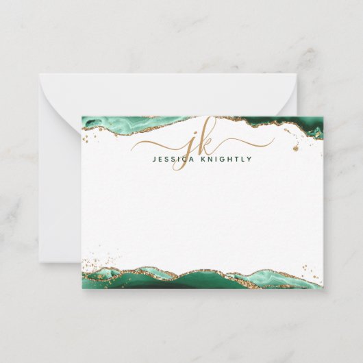 Green Agate Geode Script Monogram Gold Glitzer Mitteilungskarte (Vorderseite)