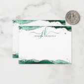 Green Agate Geode Script Monogram Silver Glitzer Mitteilungskarte (Vorderseite/Rückseite Beispiel)