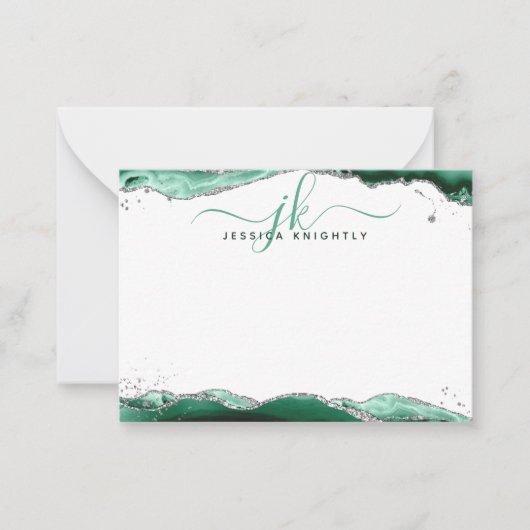 Green Agate Geode Script Monogram Silver Glitzer Mitteilungskarte (Vorderseite)