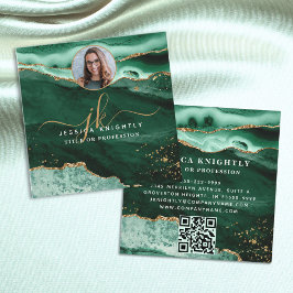 Green Agate Gold Glitzer Script Foto QR Quadratische Visitenkarte