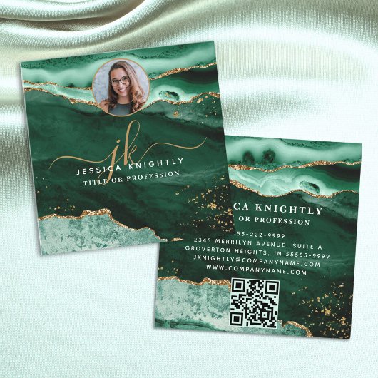 Green Agate Gold Glitzer Script Foto QR Quadratische Visitenkarte