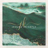 Green Agate Gold Glitzer Script Monogram Glasuntersetzer (Vorderseite)