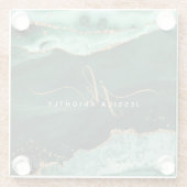 Green Agate Gold Glitzer Script Monogram Glasuntersetzer (Rückseite)