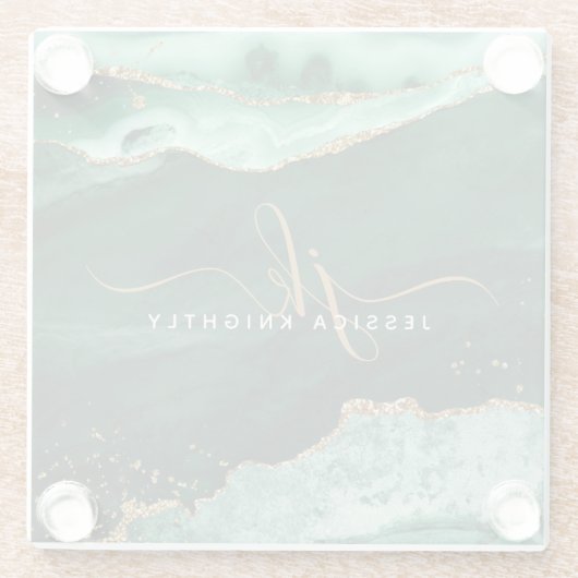 Green Agate Gold Glitzer Script Monogram Glasuntersetzer (Rückseite)