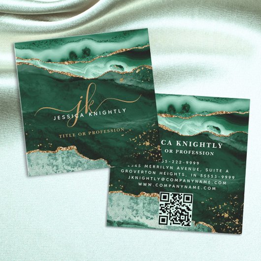 Green Agate Gold Glitzer Script Monogram QR Quadratische Visitenkarte