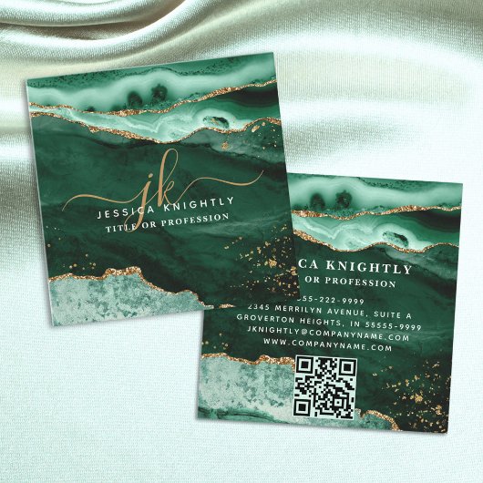 Green Agate Gold Glitzer Script Monogram QR Quadratische Visitenkarte