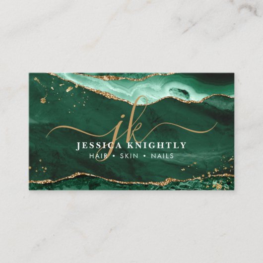 Green Agate Gold Glitzer Script Monogram Visitenkarte (Vorderseite)