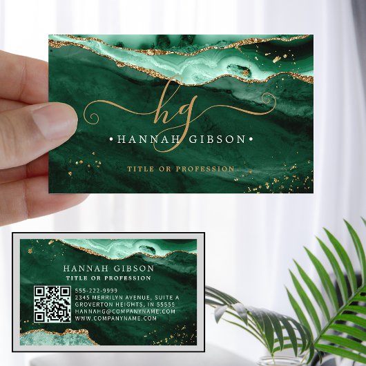 Green Agate Script Monogram QR Code Glitzer Visitenkarte