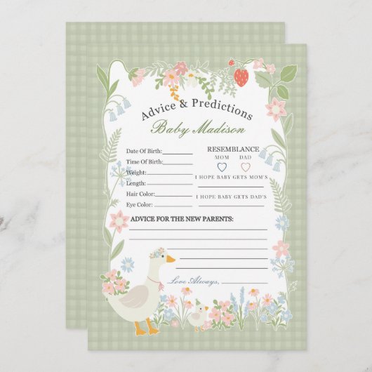 Green Albern Gänse Floral Gingham Advice for Baby Einladung (Vorne/Hinten)