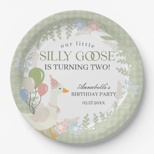 Green Albern Goose Floral Gingham Birthday Pappteller (Vorderseite)