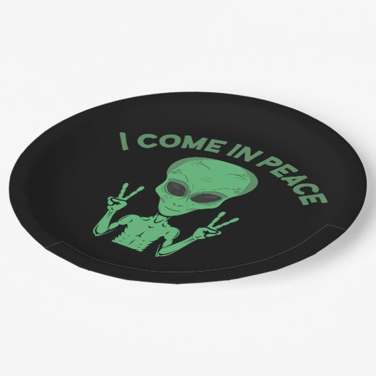 Green Alien I come in Peace Extraterrestrische UFO Pappteller (Schrägansicht)