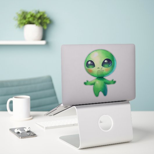 Green Alien Sticker (Laptop auf Schreibtisch)