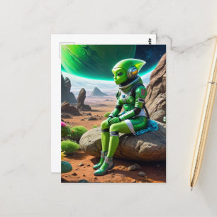 Green Alien Thinker Pose Postkarte