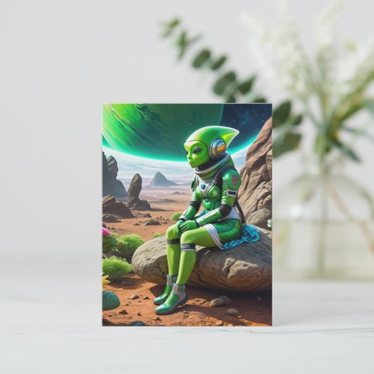 Green Alien Thinker Pose Postkarte (Stehend Vorderseite)