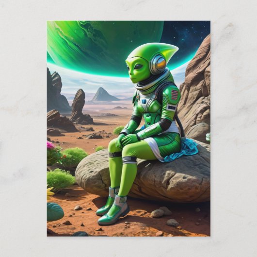 Green Alien Thinker Pose Postkarte (Vorderseite)