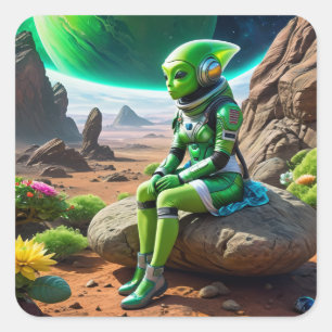 Green Alien Thinker Pose Quadratischer Aufkleber