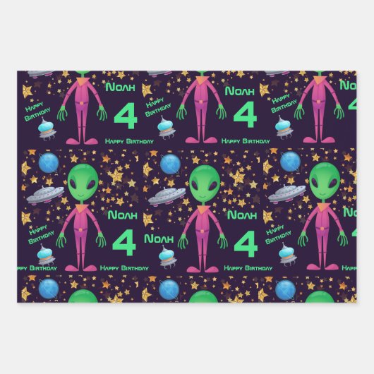 Green Alien UFO Name Age Happy Birthday hinzufügen Geschenkpapier Set (Vorderseite)