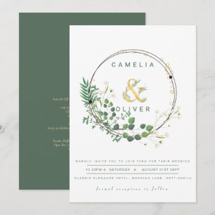 Green All-in1 Green Gold Wreath QR Code Wedding Einladung