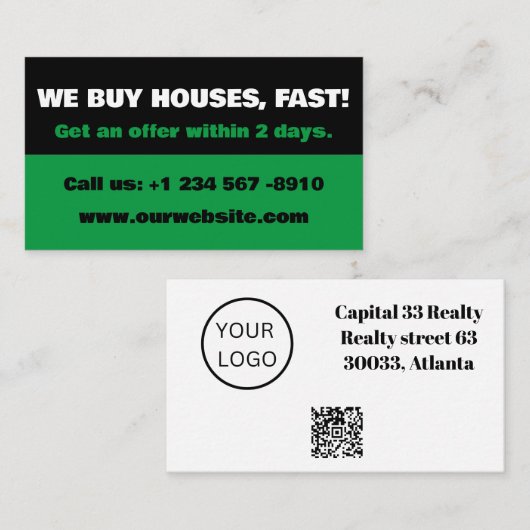 Green and Black Real Anwesen Investor Wir kaufen H Visitenkarte (Vorne/Hinten)