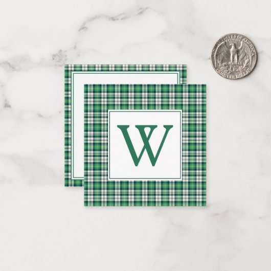 Green and Black Tartan Plaid Monogram Mitteilungskarte (Vorderseite/Rückseite Beispiel)