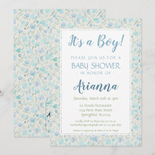 Green and Blue Floral Baby Boy Dusche Einladung (Vorne/Hinten)