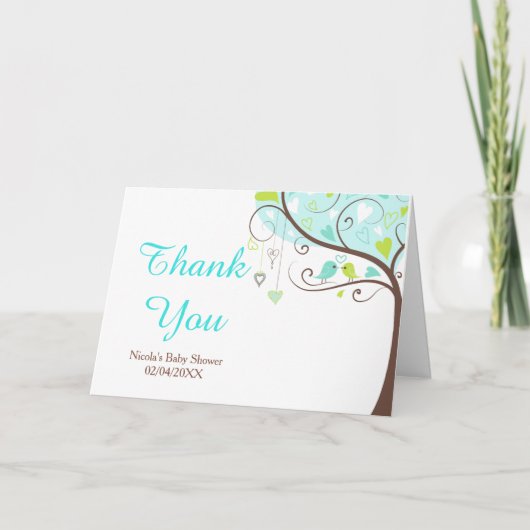 Green and Blue Floral Bird Baby Shower Thank You Dankeskarte (Vorderseite)