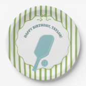 Green and Blue Striped Pickleball Birthday Party Pappteller (Vorderseite)