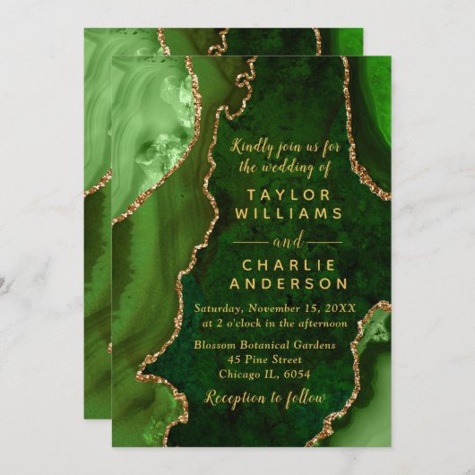 Green and Gold Agate Marble Wedding Einladung (Vorne/Hinten)