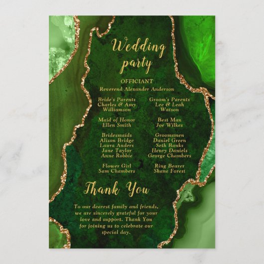 Green and Gold Agate Wedding Program Programm (Rückseite)