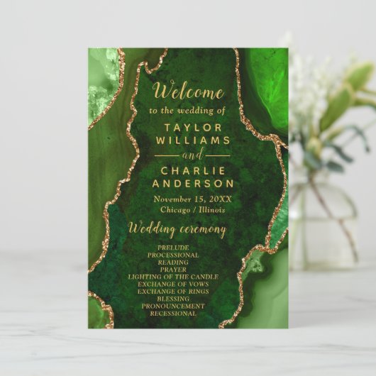 Green and Gold Agate Wedding Program Programm (Stehend Vorderseite)
