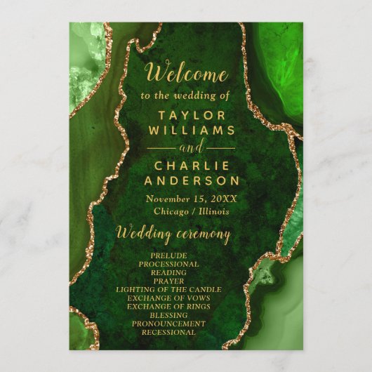 Green and Gold Agate Wedding Program Programm (Vorderseite)