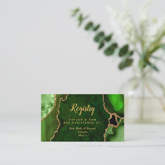 Green and Gold Agate Wedding Registry Begleitkarte (Stehend Vorderseite)